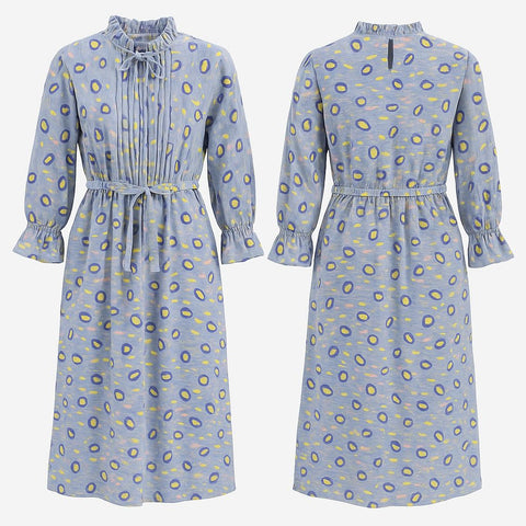 Sky Dot Ruffle Neck Midi Dress