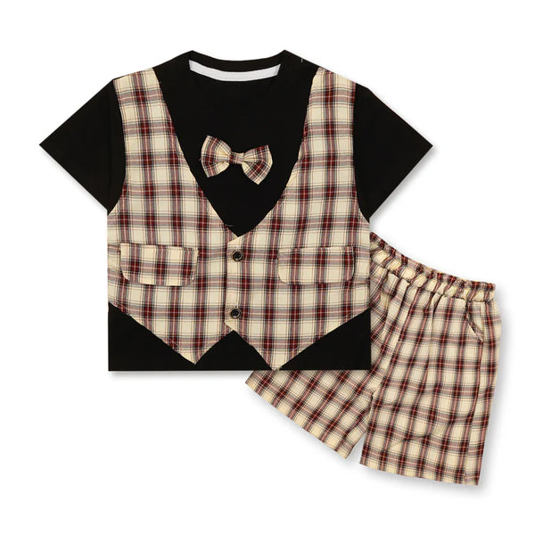 Kids T-Shirt & Short Set Check Maroon - Sunshine - Chand Tara