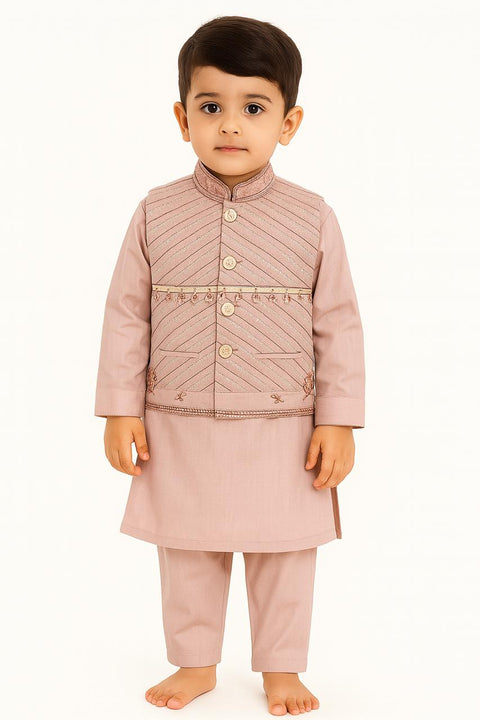 Boys Dusty Pink Kurta Pajama With Embroidered Waistcoat “ Royal Ethnic Ensemble