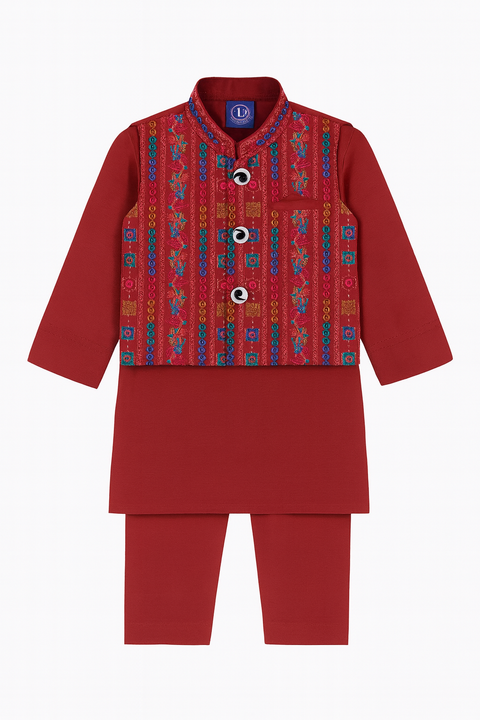 Boys Maroon Kurta Pajama Set With Embroidered Nehru Jacket