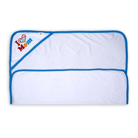 I ¤ϸ� Mom Embroidered Hooded Baby Towel “ Soft Cotton Wrap With Blue Trim