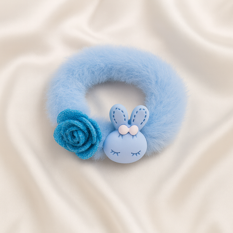 Cute Fuzzy Bunny Hair Tie With Flower “ Blue
