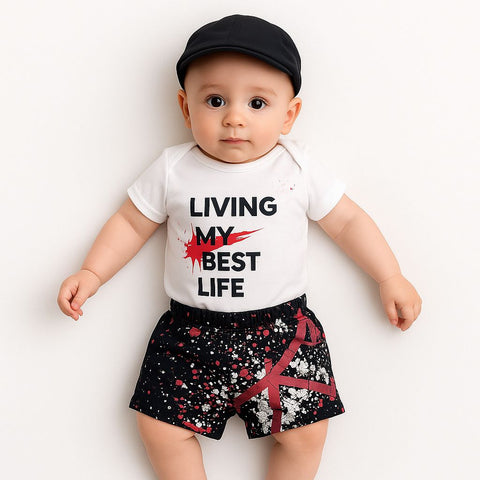 Living My Best Life Baby Set “ Graphic Bodysuit & Splatter Shorts Combo