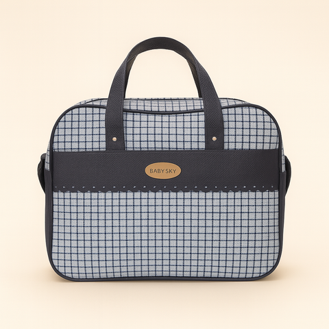 Baby Sky” Sky-Blue Check Diaper Bag Tote “ Stylish & Spacious Essentials Bag