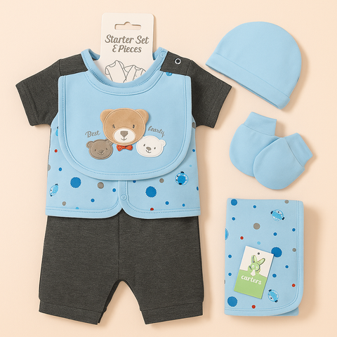 Baby Boy 6-Piece Bear Print Starter Set “ Blue & Charcoal Newborn Essentials By Carter'S