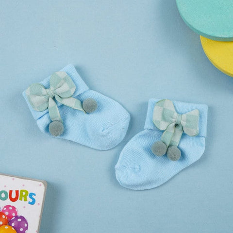 Blue Baby Socks with Mint Green Plaid Bows