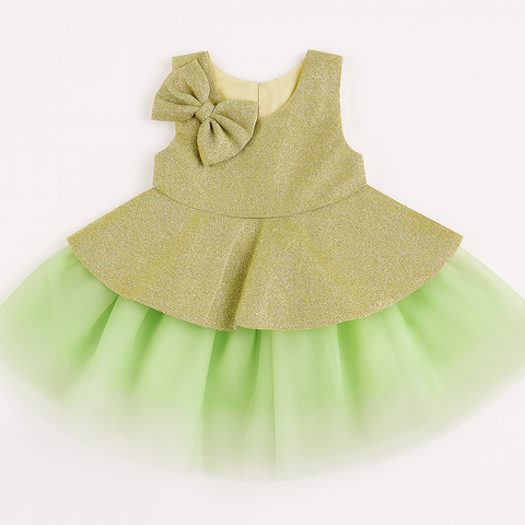 Sparkling Pistachio Green Baby Frock With Shoulder Bow “ Fancy Party Dress