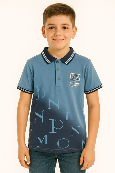 Blue Gradient Polo Shirt With Letter Print And Striped Collar