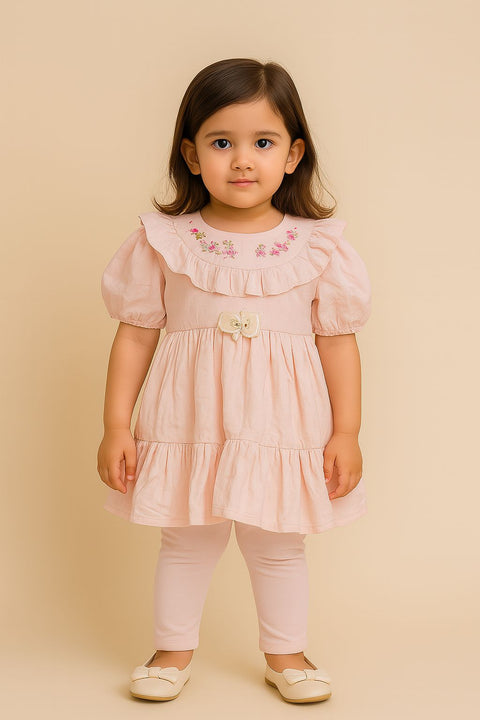 Blush Pink Baby Girl Dress Set “ Ruffled Yoke With Floral Embroidery & Leggings