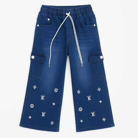 Girls' Navy Blue Wide-Leg Cargo Pants With White Graphic Accents
