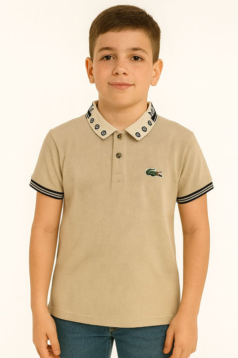 Boys' Beige Textured Polo Shirt With Embroidered Patch And Printed Collar   Casual Smartwear