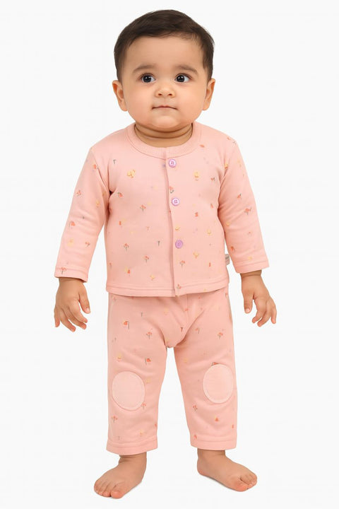 Peachy Safari Baby Pajama Set “ Soft Peach With Tiny Animal Prints & Knee Patches