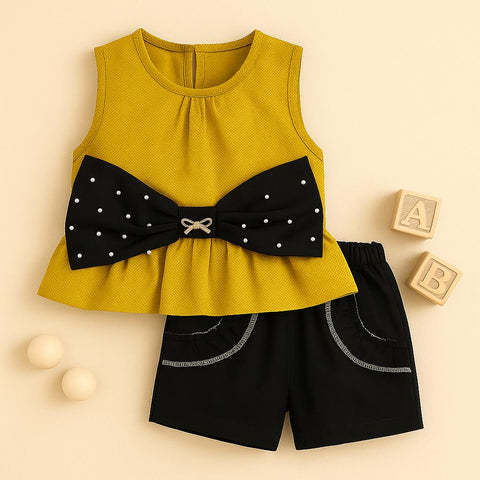 Polka Bow Peplum Set – Girls' Mustard & Black Summer Outfit