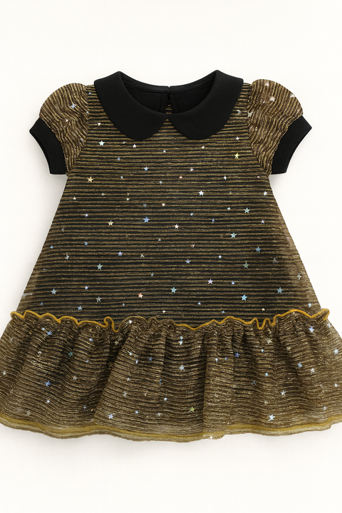 Girls’ Shimmer Star Party Dress With Peter Pan Collar “ Black & Gold