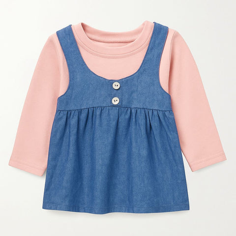 Denim Darling: Baby Girl Pink Top With Blue Pinafore Dress Set