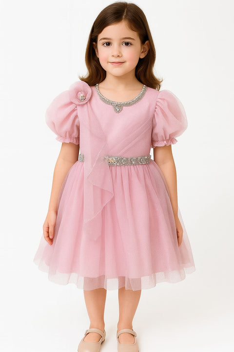 Girls’ Elegant Light Pink Gown With Crystal Accents And Puff Sleeves