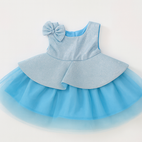 Sparkling Sky Blue Baby Frock With Shoulder Bow “ Party & Birthday Dress