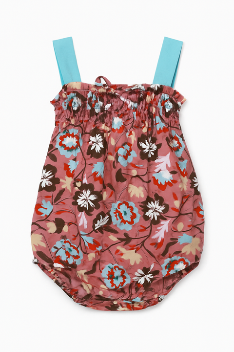 Baby Girl Floral Bubble Romper With Wide Blue Straps “ Summer Sleeveless Bodysuitv