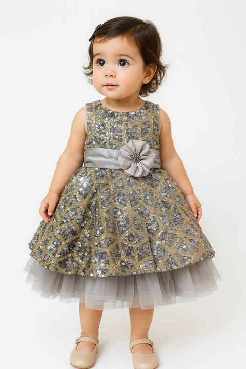 Baby Girl Metallic Sequin Frock With Satin Flower Belt