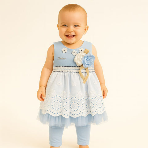 Blue and White Floral Embroidered Baby Dress with Leggings