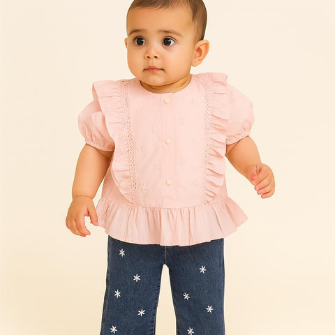 Baby Girls’ Ruffle Sleeve Embroidered Top & Starry Denim Pants Set “ Soft Pink & Navy