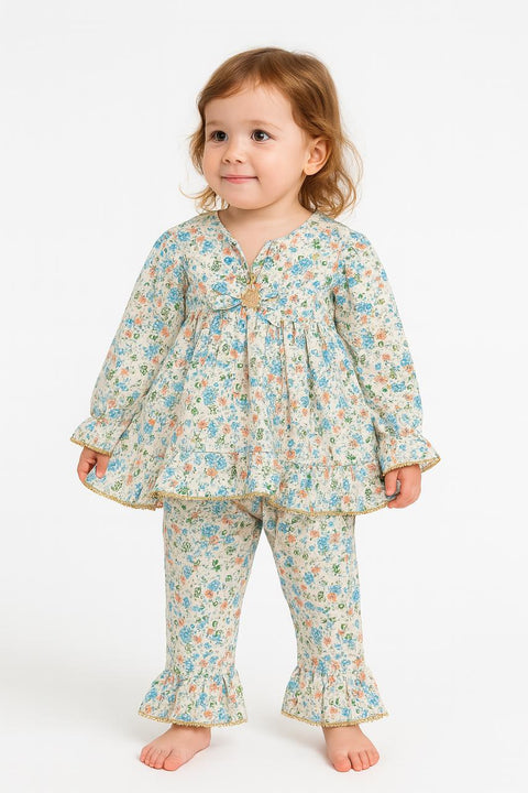Girls' Floral Print Cotton Kurta Set “ Cream With Blue & Orange Flowers, Full Sleeves & Frill Hem Pants