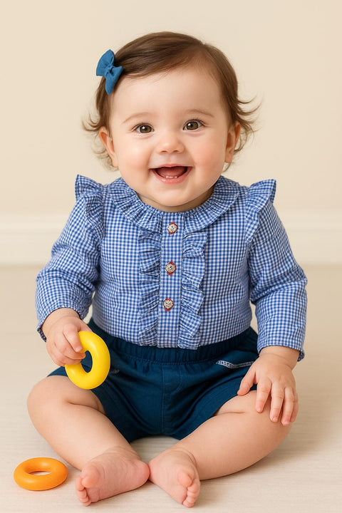 Gingham Ruffle Baby Set – Blue Check Top with Navy Shorts in it y