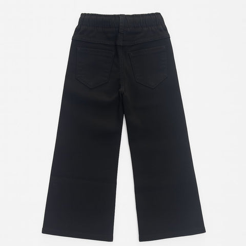 Girls' Black Wide-Leg Pants With Colorful Flower Embroidery