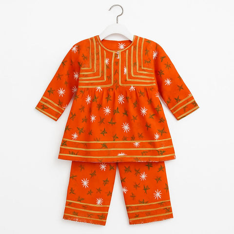 Radiant Orange & Gold Festive Kurta Set (Girls)