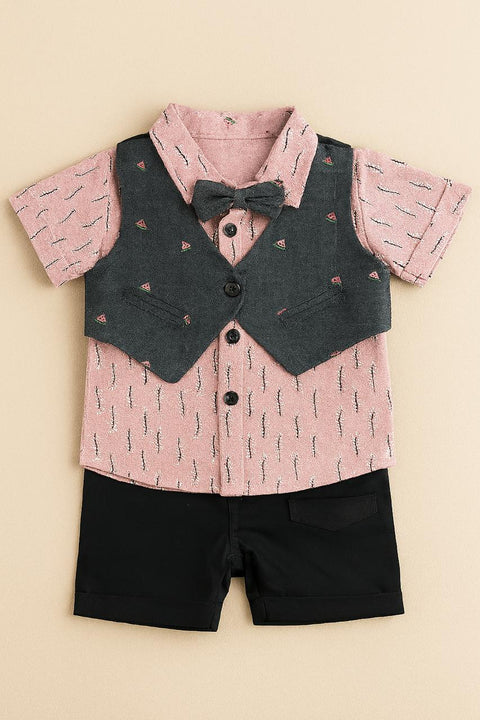 Charming Pink & Charcoal Waistcoat Set “ 3-Piece Baby Boy Formal Outfit
