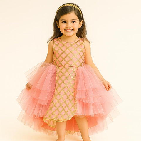 Girls' Pink Layered Tulle Dress With Gold Diamond Pattern