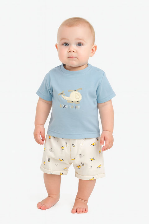 Baby Boy'S 'Born To Fly' Summer Outfit “ Helicopter Print T-Shirt & Cartoon Shorts Set