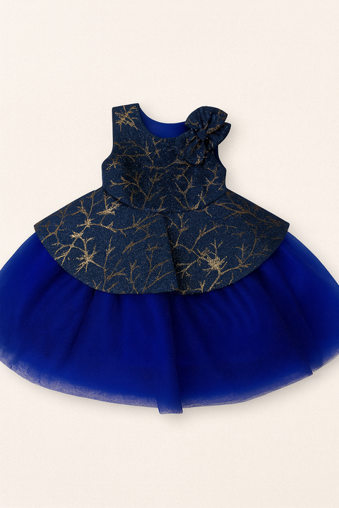 Royal Blue & Gold Baby Frock With Shoulder Bow “ Premium Party Wear Dress