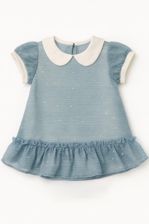 Girls Shimmer Star Dress With White Peter Pan Collar “ Light Blue