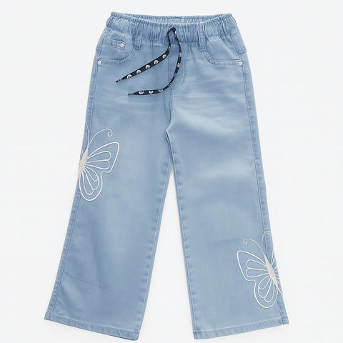 Girls' Light Blue Wide-Leg Jeans With Butterfly Embroidery
