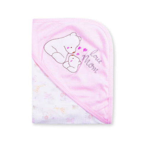 Love Mom Bear Embroidered Hooded Baby Towel – Soft Pink Cotton Wrap