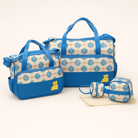 Blue Floral Diaper Bag Set “ Tote With Insulated Bottle Pouch & Changing Pad