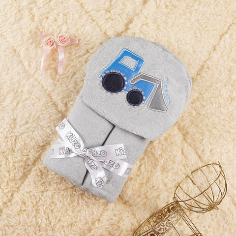 Grey Hooded Baby Towel “ Blue Digger Truck Embroidery | Soft Cotton By Kidzo