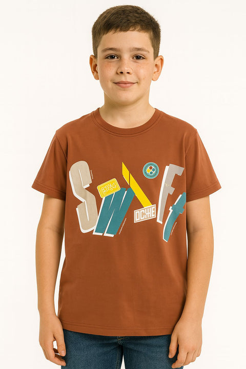 Boys Rust Graphic Tee With Bold 'Swag' Print T-Shirt