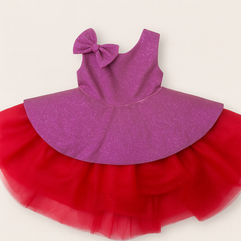 Purple & Red Glitter Baby Frock With Shoulder Bow “ Bold Partywear Dress
