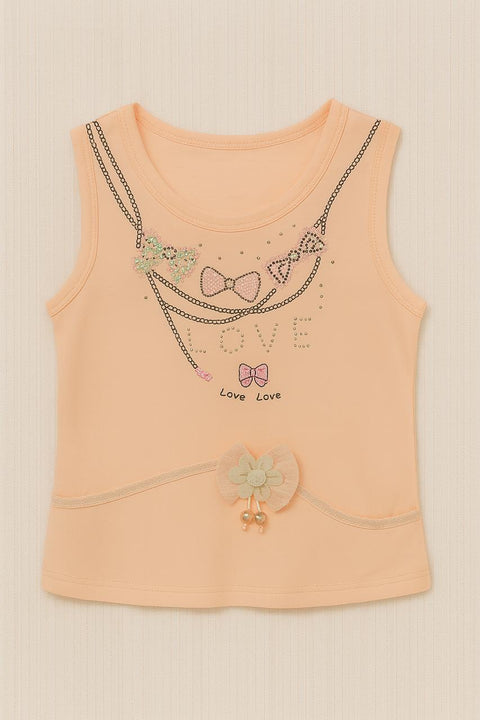 Peachy Bow Love: Embellished Girls’ Sleeveless Top