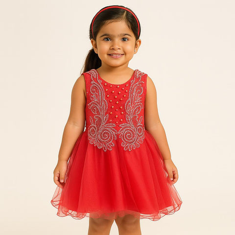 Girls' Red Sleeveless Tulle Frock With Pearl And Sequin Embroidery