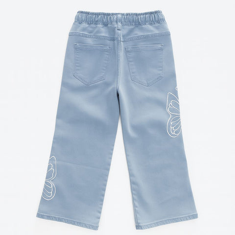 Girls' Light Blue Wide-Leg Jeans With Butterfly Embroidery