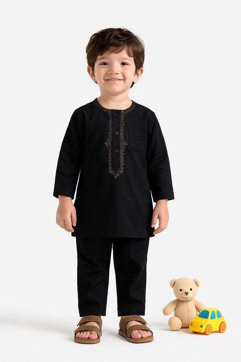 Boys Black Kurta Pajama With Embroidered Neckline “ Traditional & Timeless