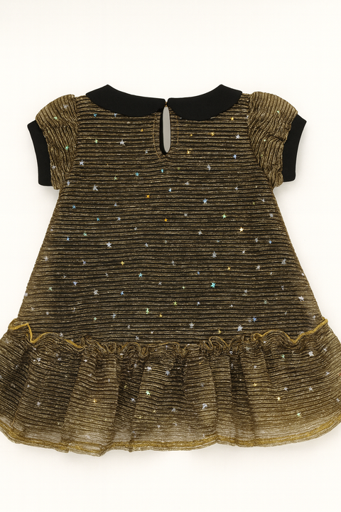 Girls’ Shimmer Star Party Dress With Peter Pan Collar “ Black & Gold