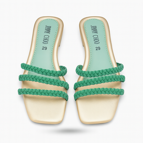 Jimmy Choo Gold & Green Braided Strap Sandals