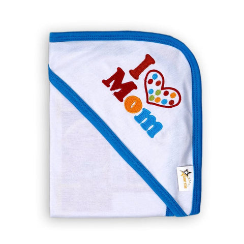 I ¤ϸ� Mom Embroidered Hooded Baby Towel “ Soft Cotton Wrap With Blue Trim