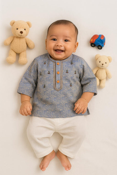 Baby Boy Blue Printed Kurta With White Pajama “ Smiley Festive Fit