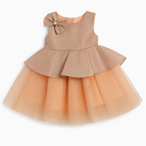 Glitter Peach Baby Frock With Shoulder Bow “ Elegant Party Dress
