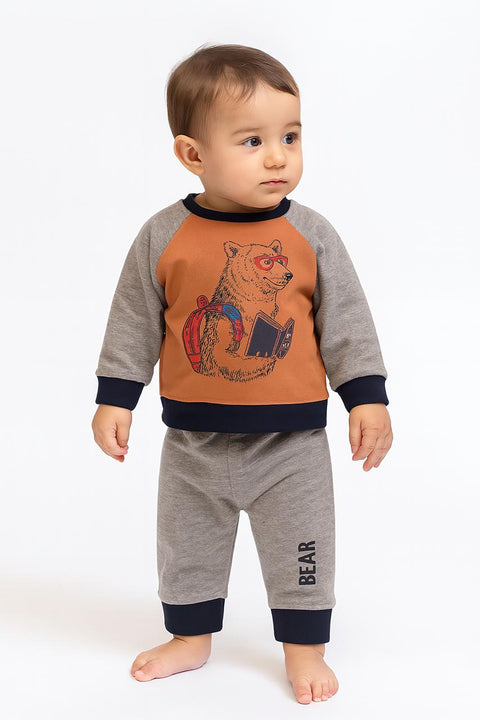 Book Bear Baby Sleepsuit “ Grey & Rust With Smart Bear Graphic
